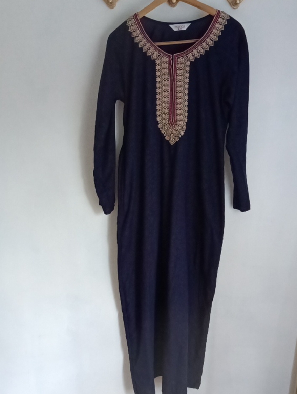 Minaz Navy Long Sleeve Maxi Dress with Gold & Maroon Embroidery